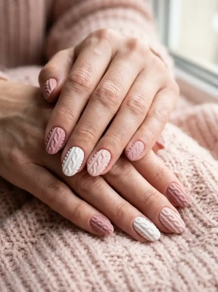 8. Pink and White Cable Knit Nails