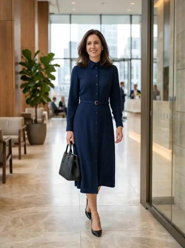 9. Belted Shirt Dress with Pumps