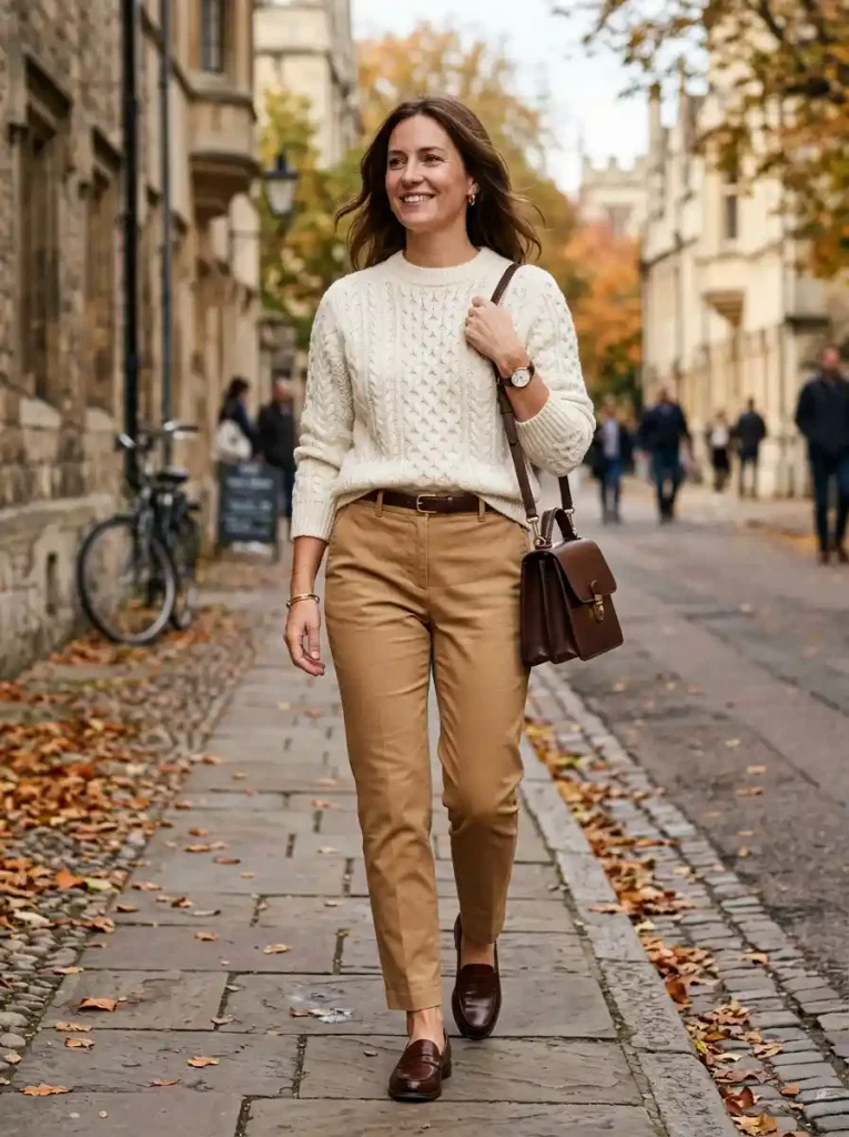 9. Cable-Knit Sweater with Chinos-Preppy Outfits for Women