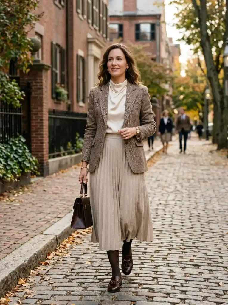 9. Tweed Blazer With Midi Skirt-Old Money Outfits for Women