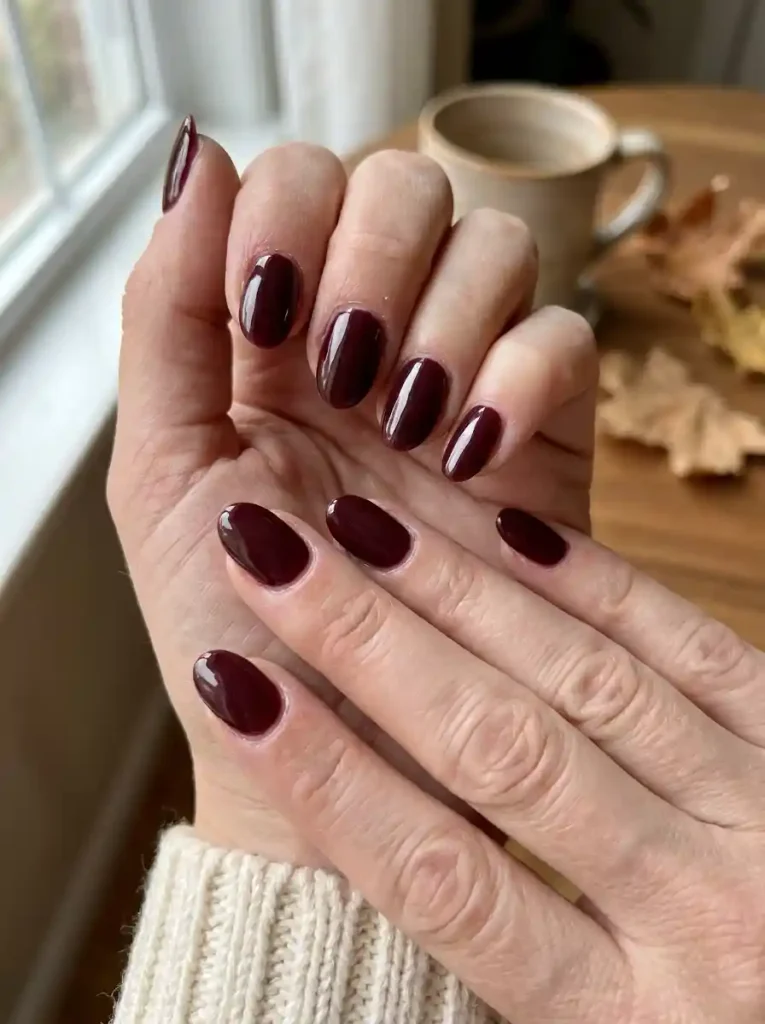 1. Glossy Burgundy October Nail Colors 2026