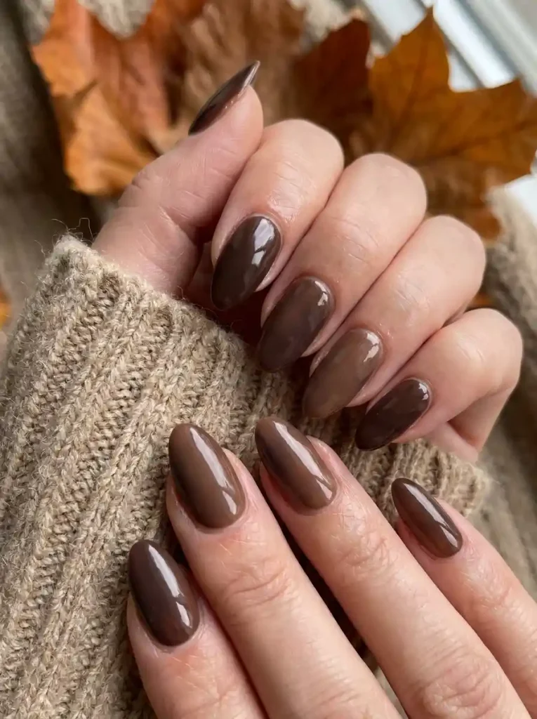 1. Glossy Chocolate Brown-Fall Nail Art Ideas