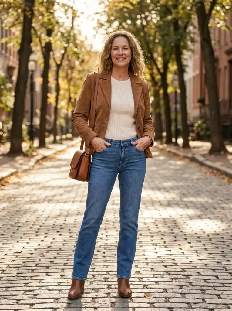 1. Suede Jacket With Straight-Leg Jeans-October Outfits