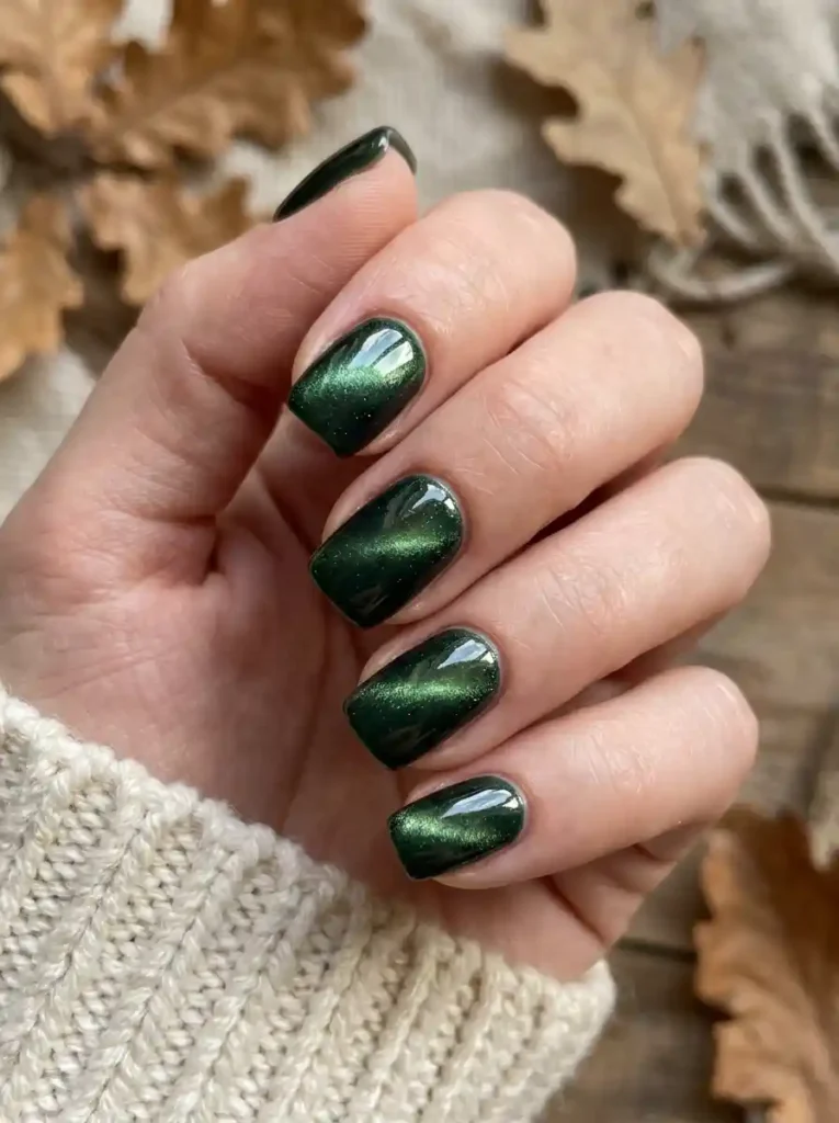 19. Forest Green Cat-Eye Nails